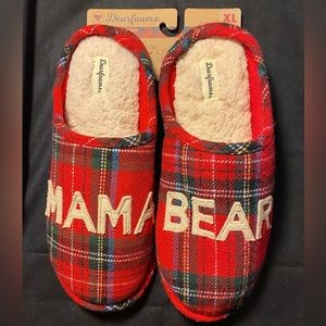 Dearfoams memory foam indoor/outdoor plaid slippers with rubber sole.
